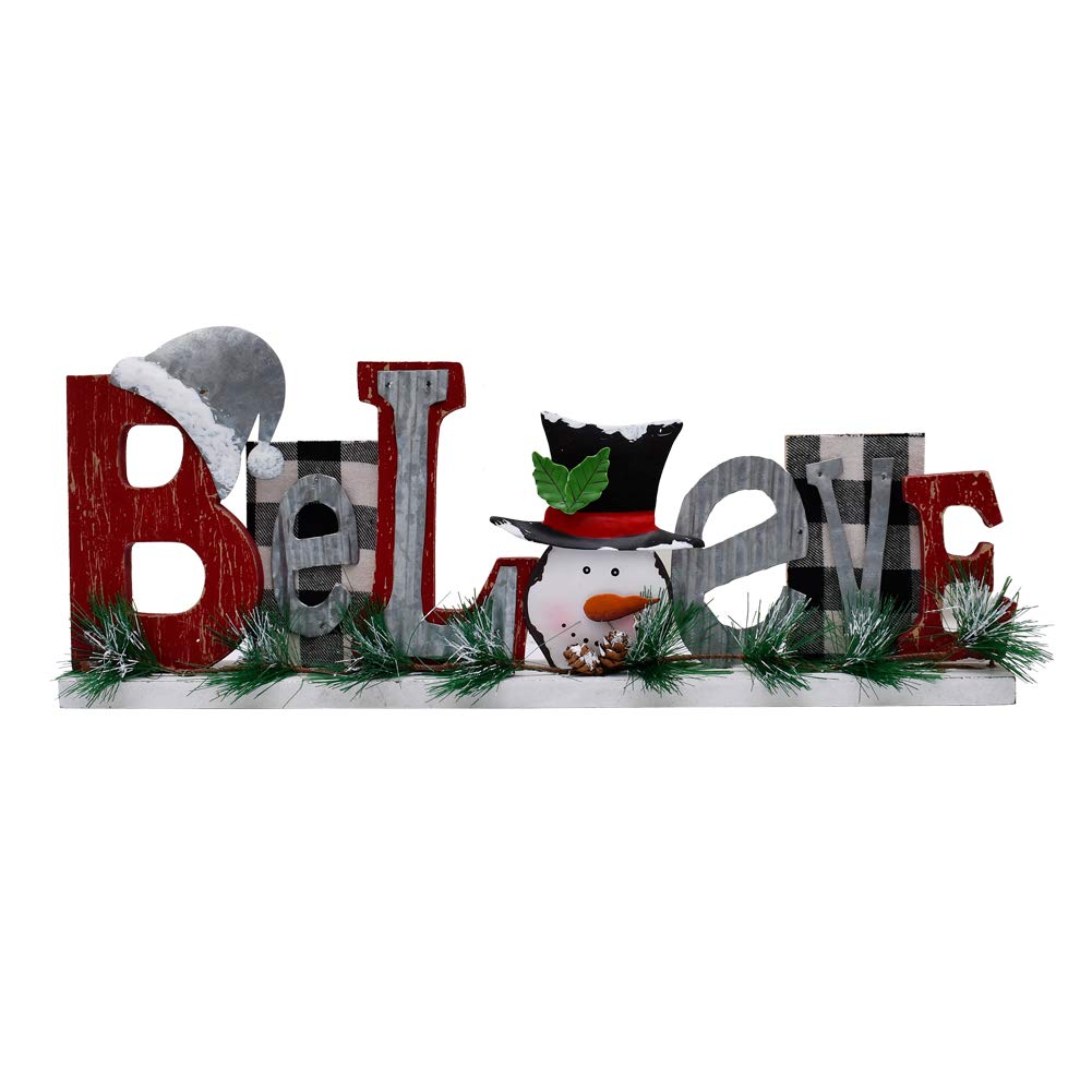 Wooden Tabletop Christmas Believe Sign Rustic Xmas Believe Merry Christmas Snowman Decorations for Home Rustic Believe Block Sign Farmhouse Fireplace Mantel Decor Xmas Winter Holiday Party Decor
