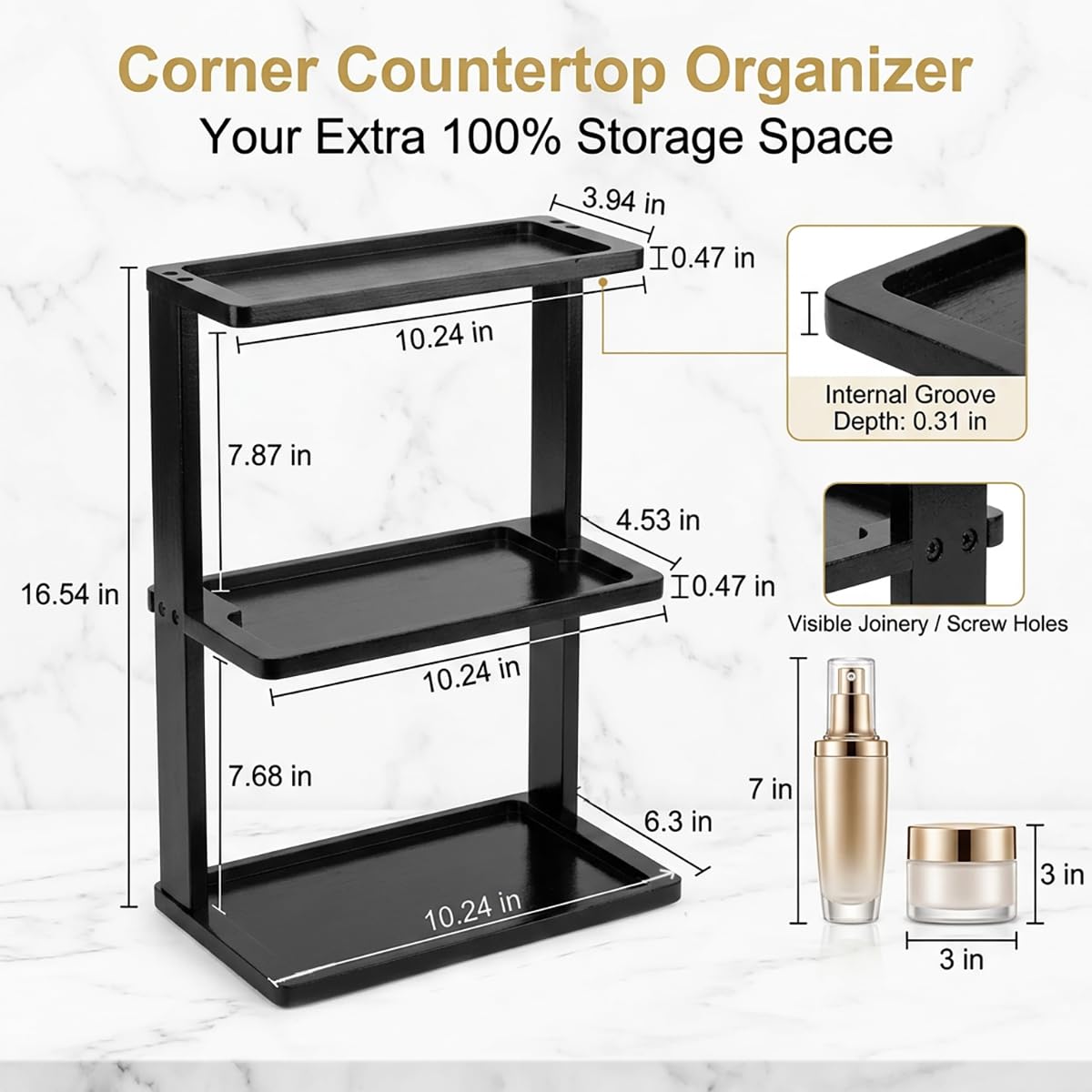 PEKER Bamboo Bathroom Organizer Countertop – Vanity Storage Shelf for Makeup, Perfume, Skincare – Natural Cosmetics Display Rack for Dresser, Sink, Kitchen – Black