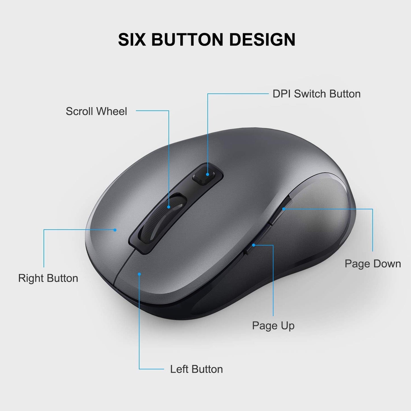 WisFox 2.4G Wireless Mouse for Laptop, Ergonomic Computer Mouse with USB Receiver and 3 Adjustable Levels, 6 Button Wireless Mice for Windows Mac PC Notebook (Grey)