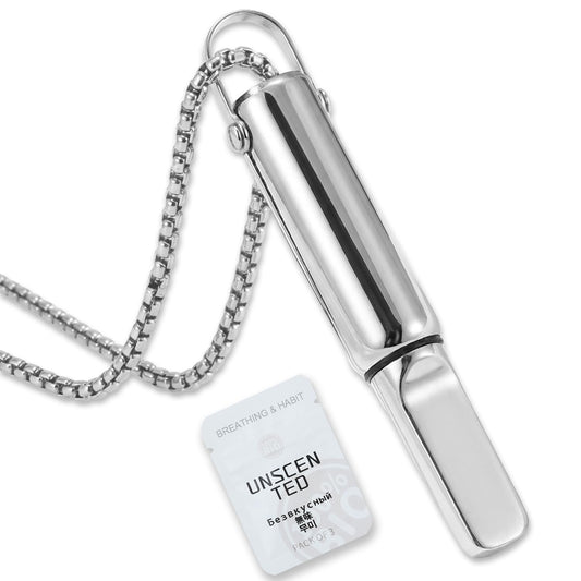 Breathing Necklace to Quit Smoking, Stainless Steel Smokeless Inhaler, Deep Breathing Aid, 3 Unscented Sponge Cores, Portable Velvet Bag, for Yoga, Office, Study, Meditation(Silver)
