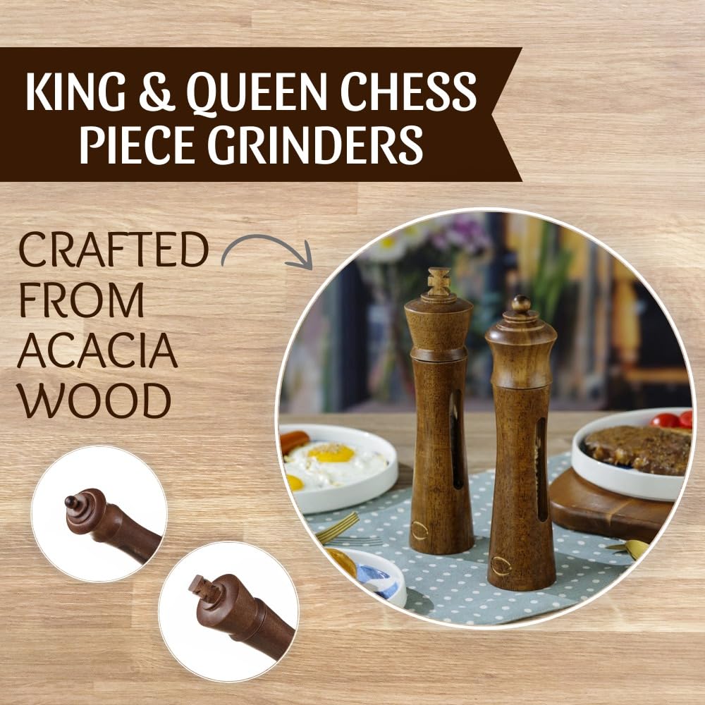 King & Queen Chess Piece Pepper Grinder, Set of 2 Salt and Pepper Grinder set Manual, Refillable Salt and Pepper Mills, Perfect Kitchen Decor, Essential Kitchen Gift for Chess Enthusiasts (9 Inch)