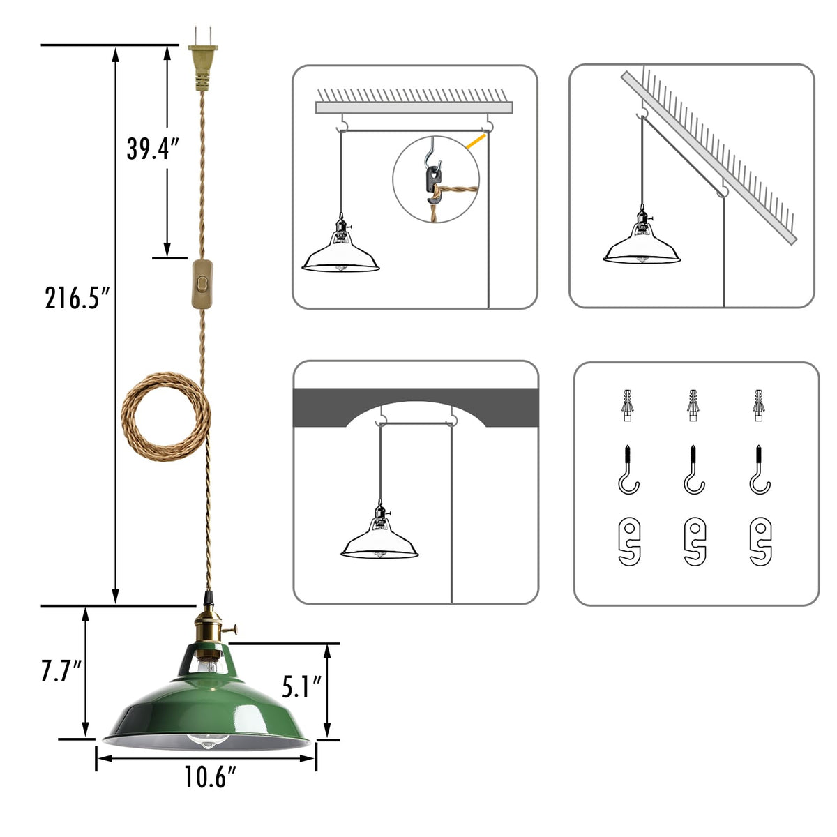 YUBOLE Modern Green Plug-in Pendant Light,Macarons Kitchen Hanging Swag Lighting, Metal Barn Shade with On-Off Switch Plug Cord Light for Bedroom Foyer Dining Bar