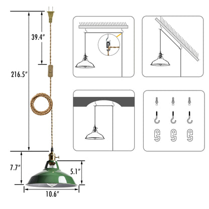 YUBOLE Modern Green Plug-in Pendant Light,Macarons Kitchen Hanging Swag Lighting, Metal Barn Shade with On-Off Switch Plug Cord Light for Bedroom Foyer Dining Bar