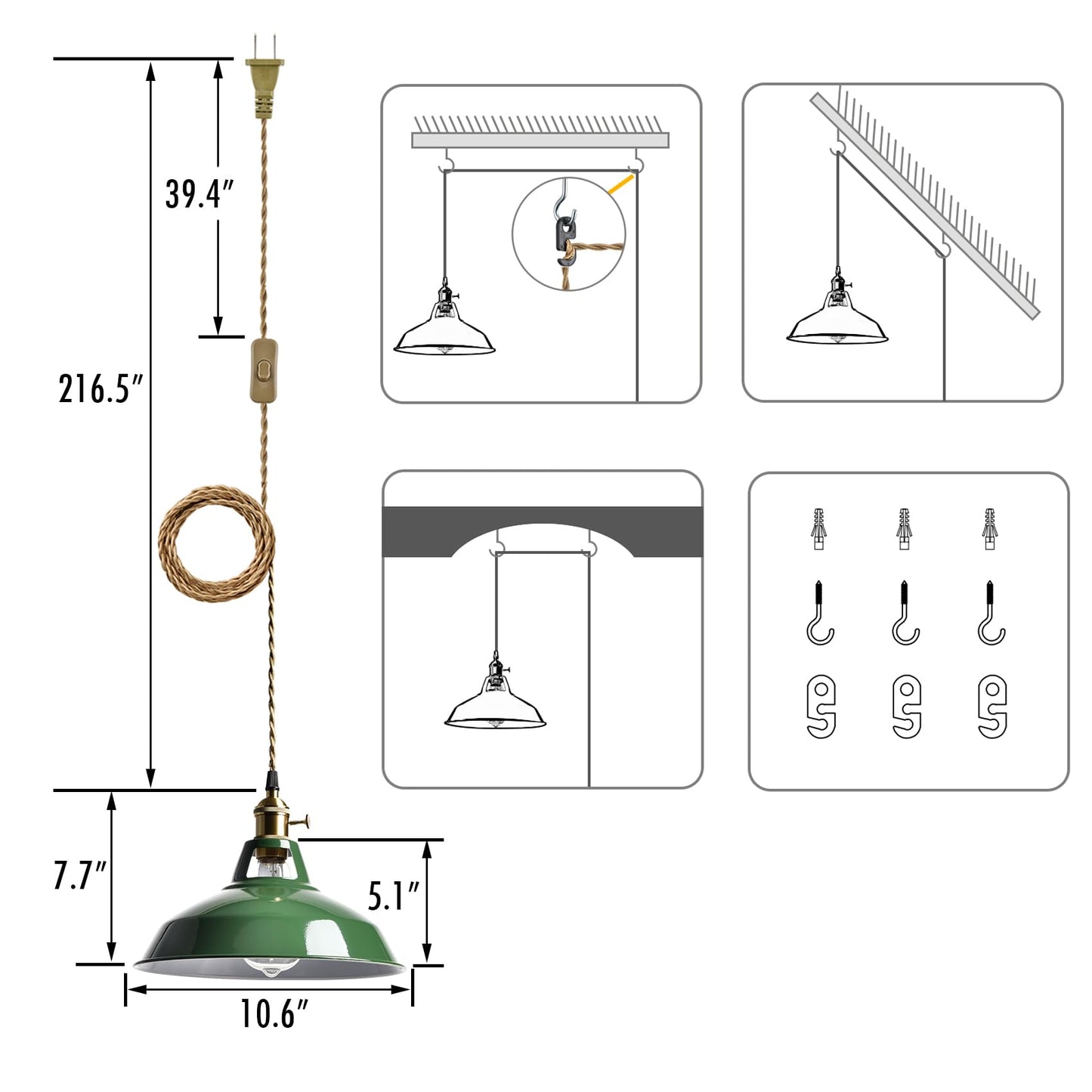YUBOLE Modern Green Plug-in Pendant Light,Macarons Kitchen Hanging Swag Lighting, Metal Barn Shade with On-Off Switch Plug Cord Light for Bedroom Foyer Dining Bar
