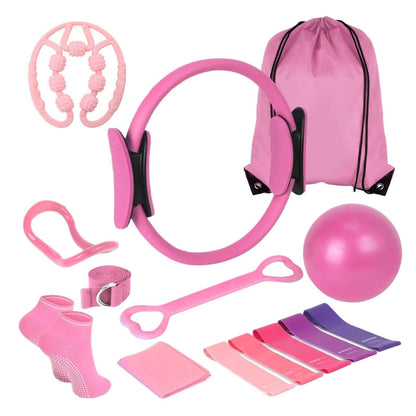 Yonderfume Pilates Essentials Kit for Women, 14 Pcs Home Workout Equipment with Pilates Circle Ball Ring Set Resistance Bands and Anti Slip Sock, Yoga Pilate Essentials Accessories(Color:Pink)