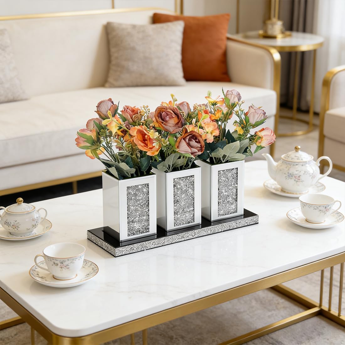 Pibeyer Crystal Crush Diamond Jar Table Centerpiece Decorations for Dining Room, Coffee Table Decor Wooden Tray with 3 Mirrored Jars Artificial Plants for Kitchen, Living Room, Home Décor