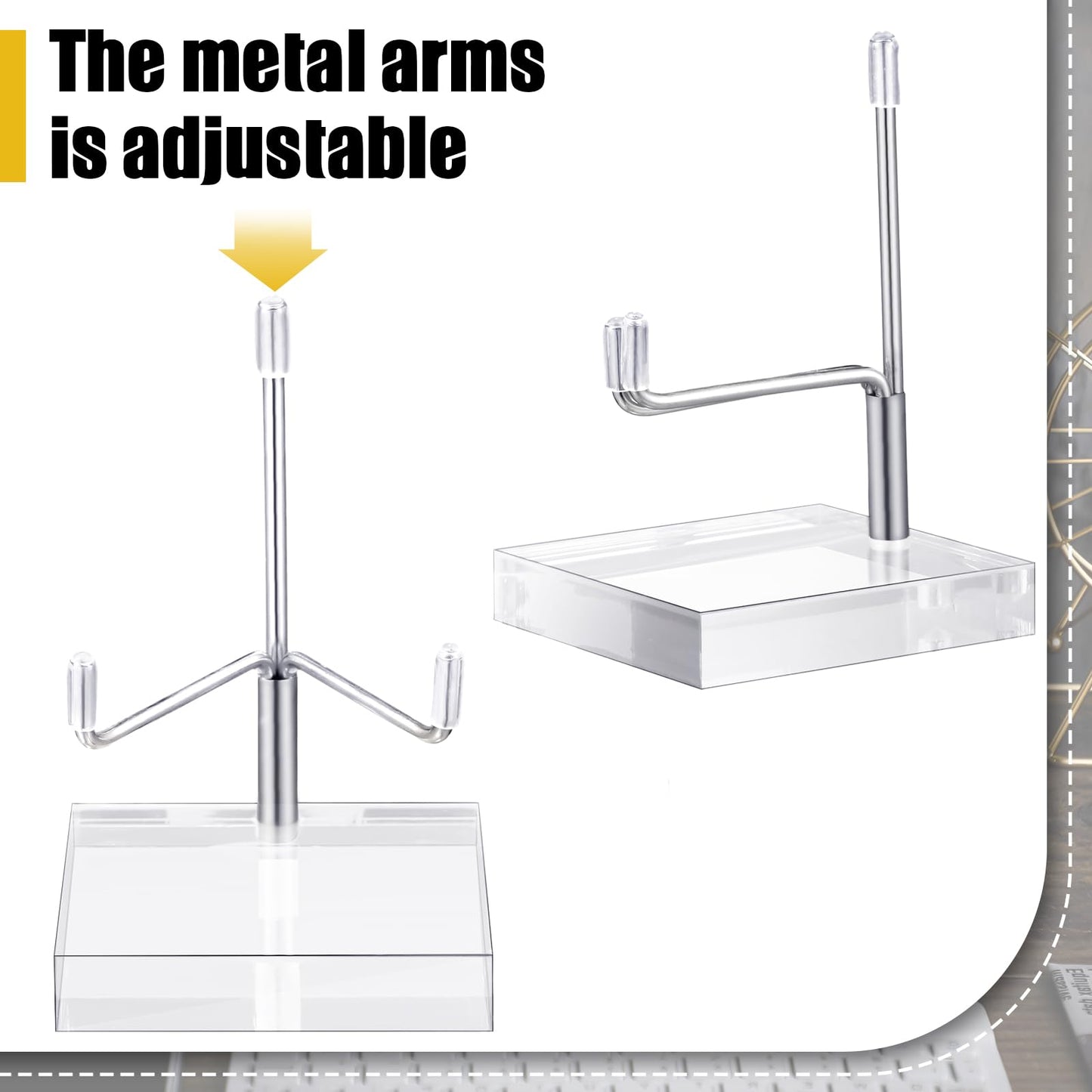 Kigley 8 Pcs Adjustable Metal Arm Display Stand Crystal Holder Easel Display with Acrylic Base Easel Rock Mineral Stand for Geodes Mineral Agate Collection (Silver,1.57 x 1.57 x 2.95 Inches)