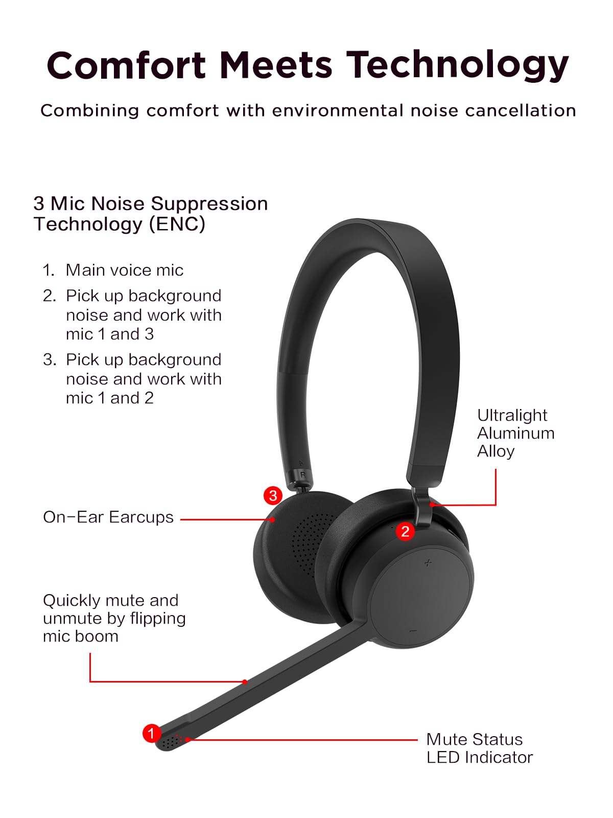 Lenovo Wireless Stereo Headset, Noise Cancelling Mic, Bluetooth 5.3 Multipoint, 31-Hour Talk & 60-Hour Playback, Lightweight 138g, Replaceable Earcups Over-Ear Comfort, Gaming, Office, & PC Use
