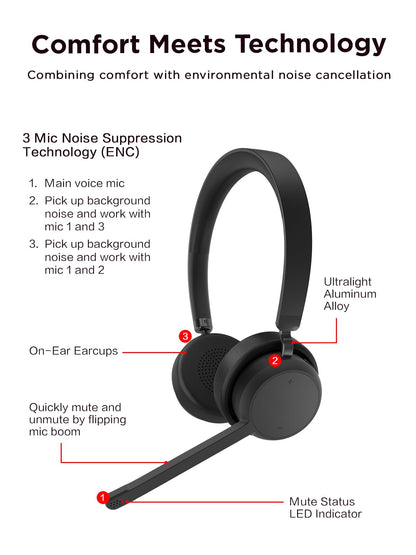 Lenovo Wireless Stereo Headset, Noise Cancelling Mic, Bluetooth 5.3 Multipoint, 31-Hour Talk & 60-Hour Playback, Lightweight 138g, Replaceable Earcups Over-Ear Comfort, Gaming, Office, & PC Use