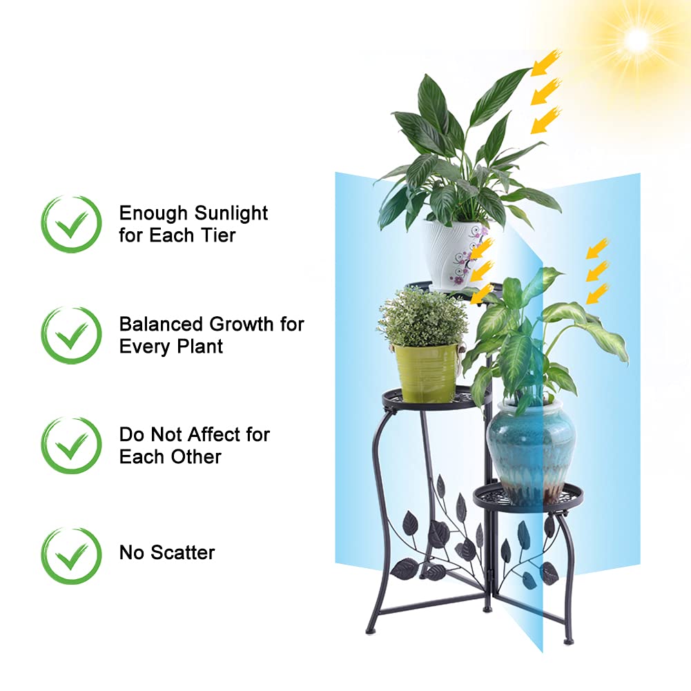 DAZONE 3-Tier Plant Stand for Indoor and Outdoor Use, Black Wrought Iron Metal Plant Shelf Holds 3 Pots, Space-Saving Decor for Corner, Balcony, Bedroom, Garden