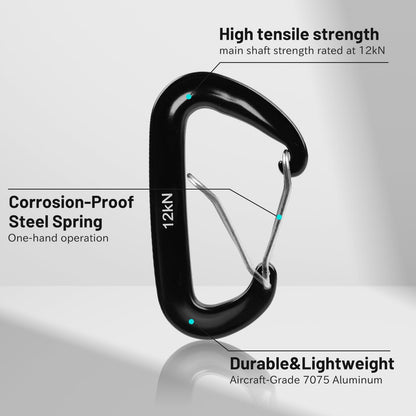 4-Pack Carabiner Clips Heavy Duty-12KN, 7075 Aircraft Aluminum Carabiners with Wiregate - Lightweight, D-Ring Key Hook, Fit for Hammock, Hiking, Camping, Dog Leash, Keychains（Black）