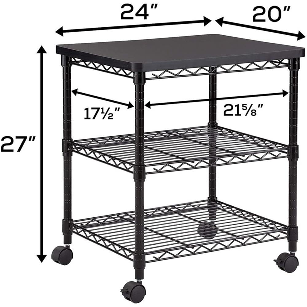 Safco Deskside 3 Tier Rolling Cart Printer Stand, Mobile Utility Table for Home Office with Steel Shelves, Black