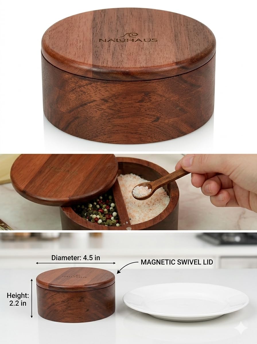 Acacia Wood Salt and Pepper Bowl Set with Swivel Magnetic Lid & Spoon Eco-Friendly Kitchen Countertop Organizer Moisture-Proof Storage for Sea Salt, Spices, Herbs Natural Wood