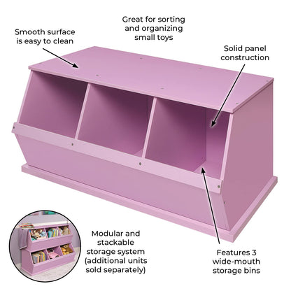 Badger Basket Stackable 3-Bin Storage Cubby - Modular Toy and Craft Organizer with Wide Mouth Bins, Expandable Design, Solid Panel Construction - Compatible with Other Units - Lilac