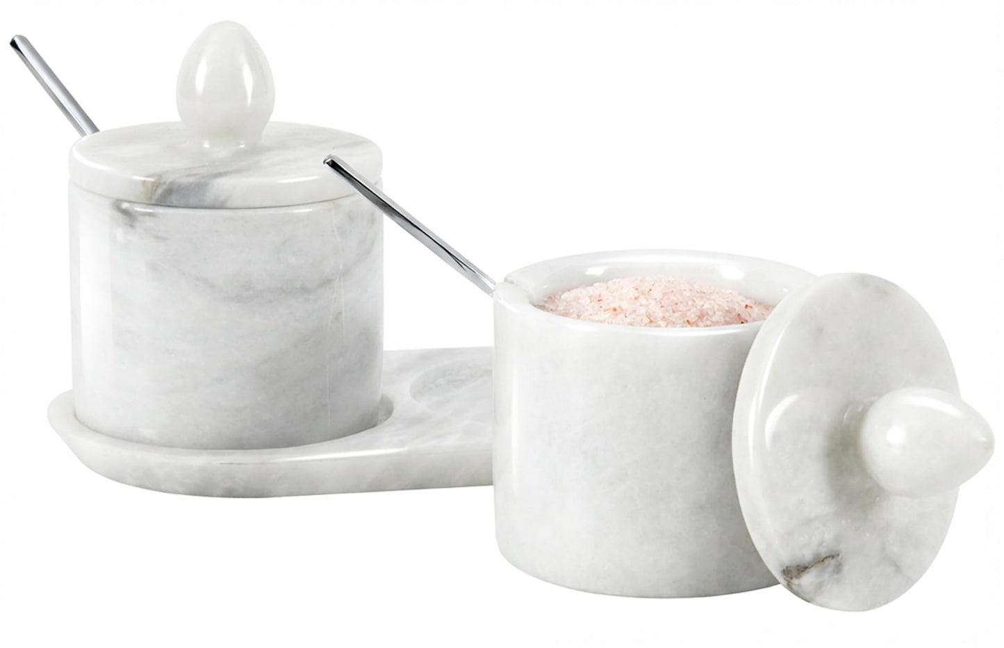 Marble Salt Cellar with Lid and tray 4 Inch White Handmade Salt Container, Set of 2 Seasoning Jars, Spice Storage Containers for Kitchen Countertop, Sugar Bowl