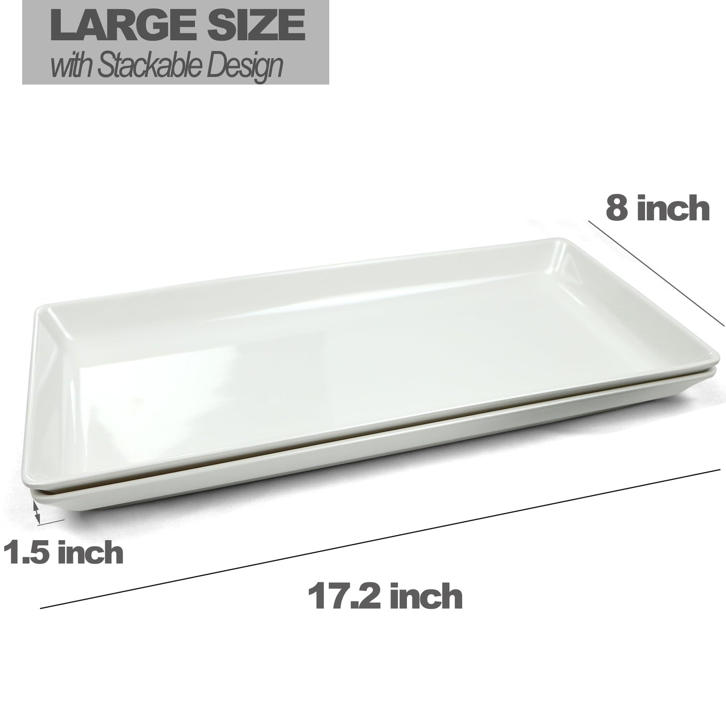 Czlizdyt Long Melamine Serving Platter, 17.3x8x1.5 inch Rectangle Serving Trays for Party, Long Serving Platters Plates for Appetizer, Charcuterie, Bread, Fruit, Dessert, Set of 2, White