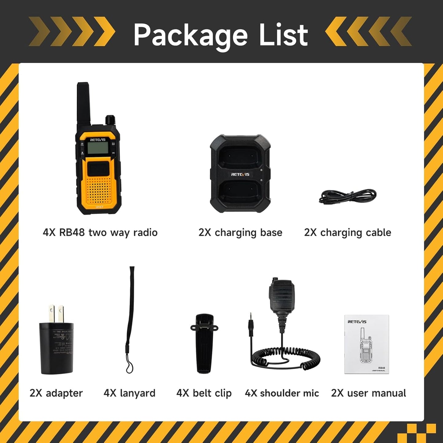 Retevis RB48 Heavy Duty Walkie Talkies, Waterproof Two Way Radio, Advanced Triple Proof, 2000 mAh, Emergency, 2 Way Radio Long Range for Job Site (4 Pack) Yellow