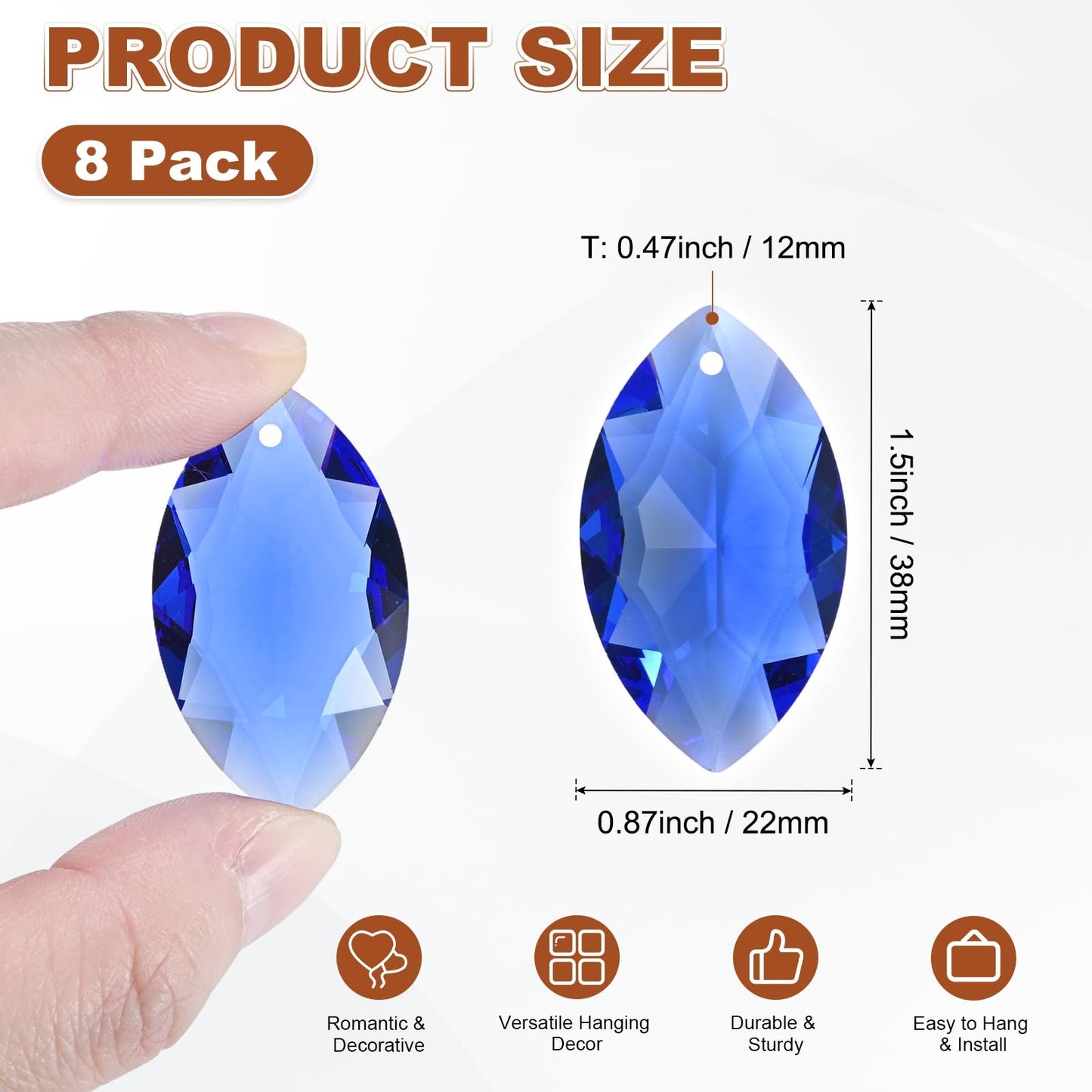 M METERXITY 8-Pack Crystal Horse Eye Prisms, 38mm/1.5 Inch Chandelier Pendant Maker Hanging Crystals Chandelier Prisms for Home/Windows/Garden/DIY Decoration[Blue]