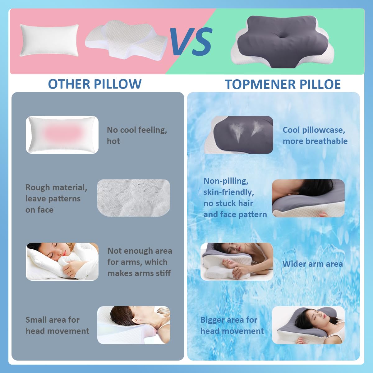 Topmener Cervical Memory Foam Pillow Ergonomic Orthopedic Butterfly Shape Bed Pillow Neck Support Sleeping Pillow with Wider Armrest, Cool Cover and Adjustable Height for Side Back& Stomache Sleepers