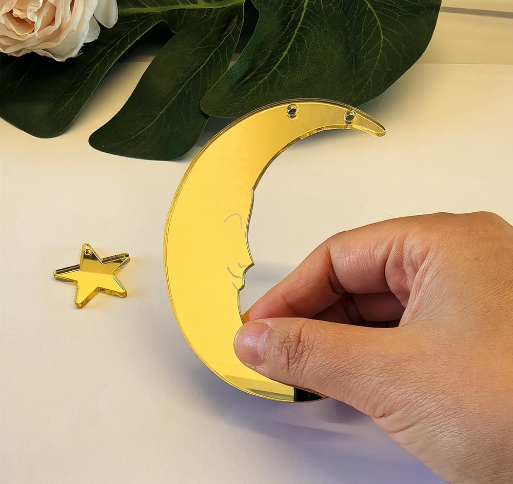 Set of 20 Crescent Moon and Star,Christmas Moon and Star Hanging Ornament for Window &Christmas Tree Decoration (Gold Mirror)