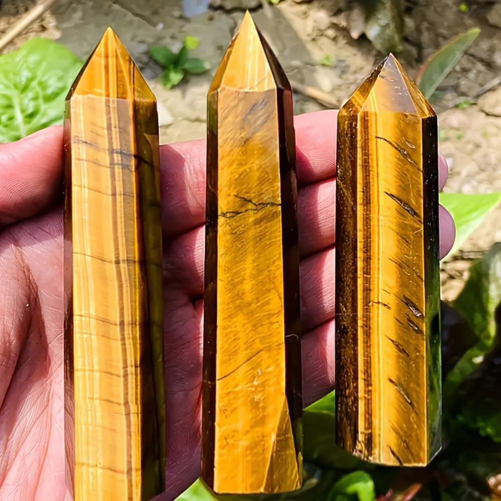 4Pcs 5.9 Inch Natural Crystal Obelisk Tower Set, Polished Hexagonal Point Wand, Obsidian Labradorite Amethyst Tiger's Eye Stone, Reiki Healing Crystal Obelisk Statue, Home Desktop Decor Spiritual Gift