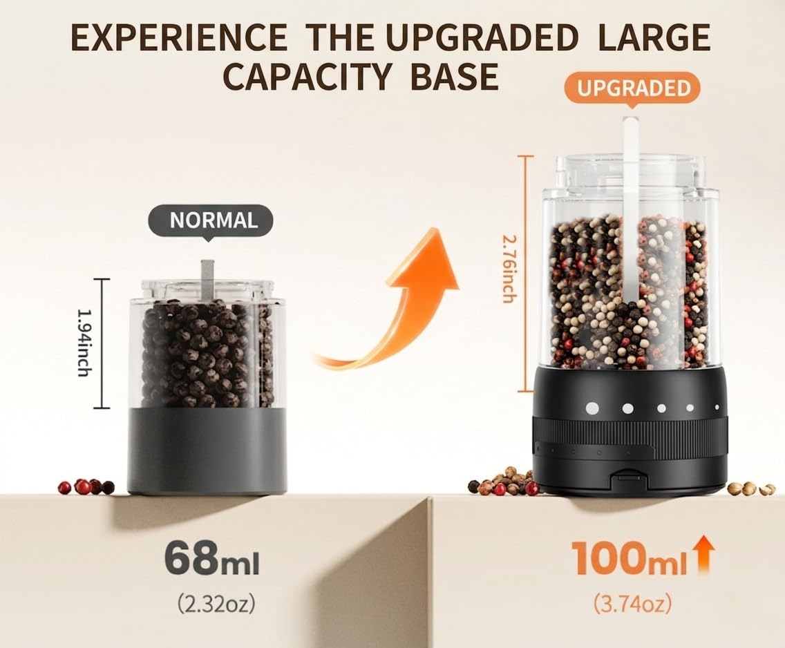 Electric Salt and Pepper Grinder Set, Automatic Rechargeable Salt and Pepper Grinder Set with 5 Adjustable Coarseness, Charging Base, LED Light Electric Salt and Pepper Shakers Set 100mL base (2-Pack)