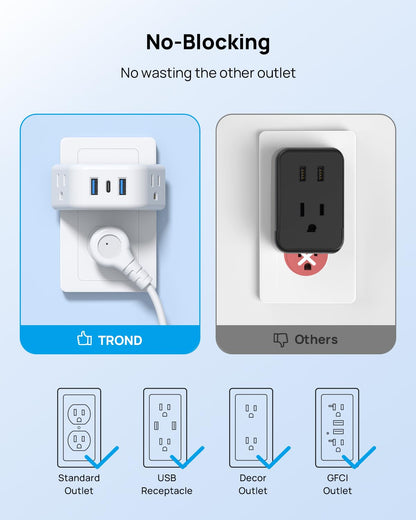 TROND Multi Plug Outlet Extender 2 Pack - Electrical Wall Splitter, 3 Way Angled Wall Outlet Adapter, Cruise Essentials, Small Multiple Plug Expander for Cruise Ship Home Office Dorm Room, White