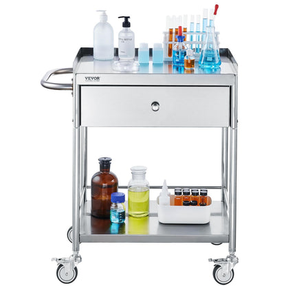 VEVOR Stainless Steel Utility Cart with Wheels - Medical/Dental Lab Cart - 2 Shelves/1 Drawer