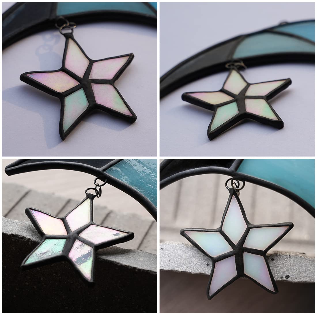 HAOSUM Stars and Moon Stained Glass Suncatcher - Window Decor Gift for Home Indoor - Crescent Moon and Star Decorations for Women