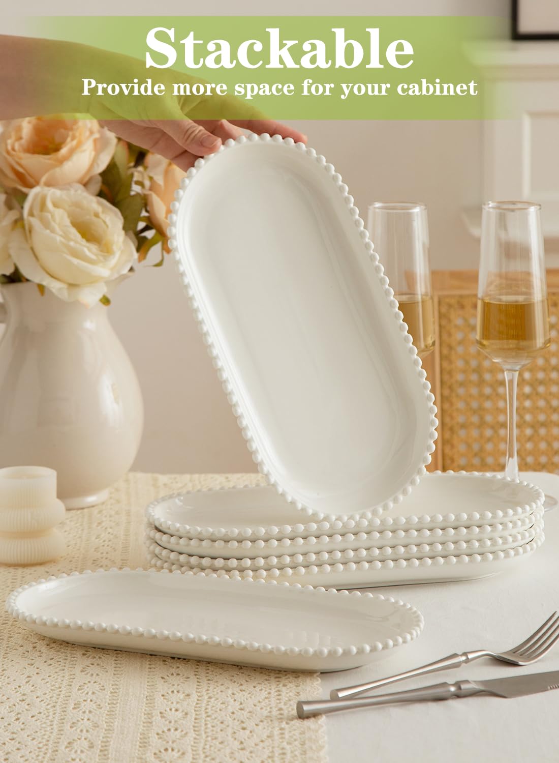TAMAYKIM 12 Inch Porcelain Serving Platters Set of 6 - White Ceramic Trays with Beaded Edge, Oval Serving Plate for Steak, Taco, Sushi, Appetizer, Cake - Dishwasher & Oven Safe