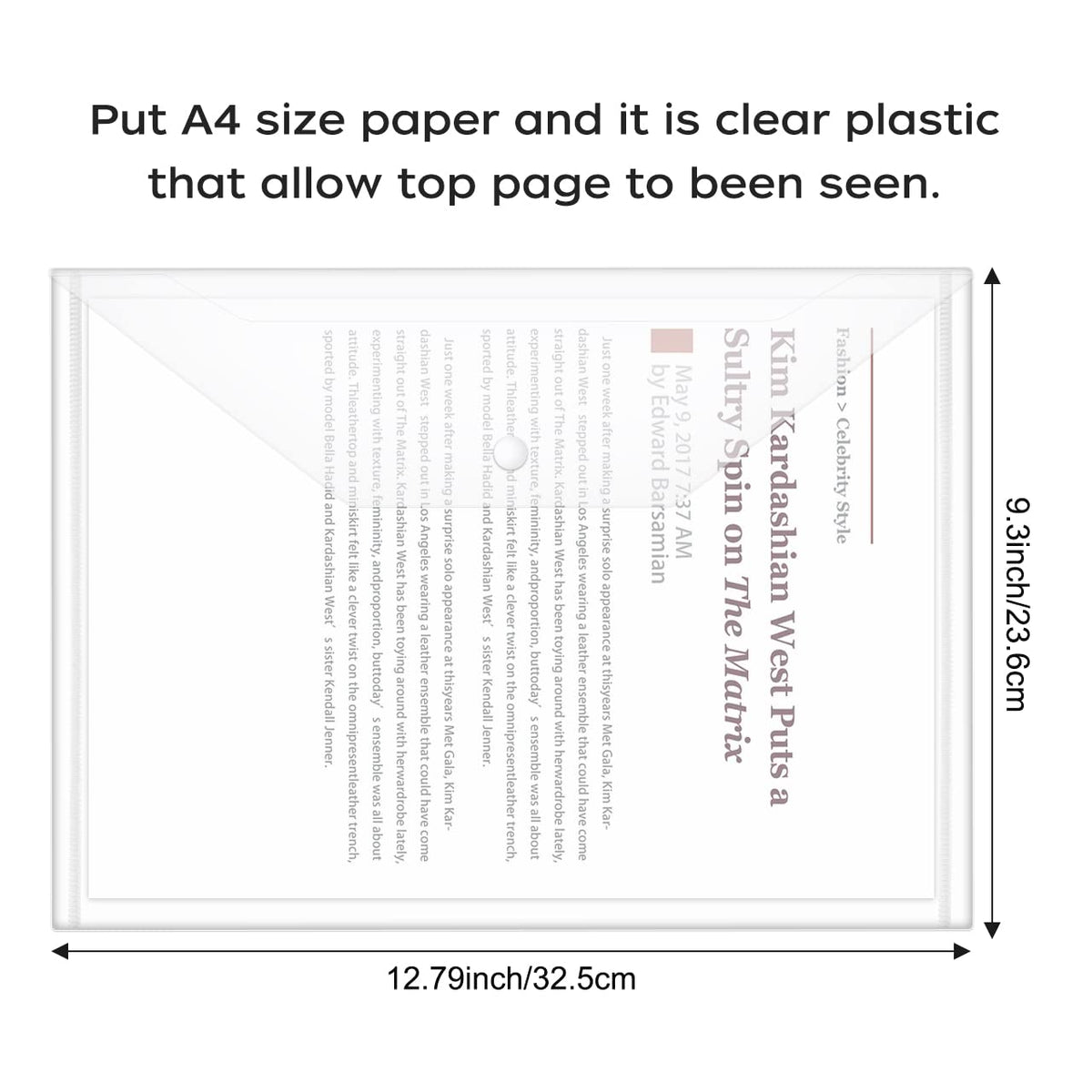 JIKIOU 30pcs Plastic Envelopes, Clear Reusable Poly Envelope Waterproof File Folder with Snap Button, Us Letter/A4 Size