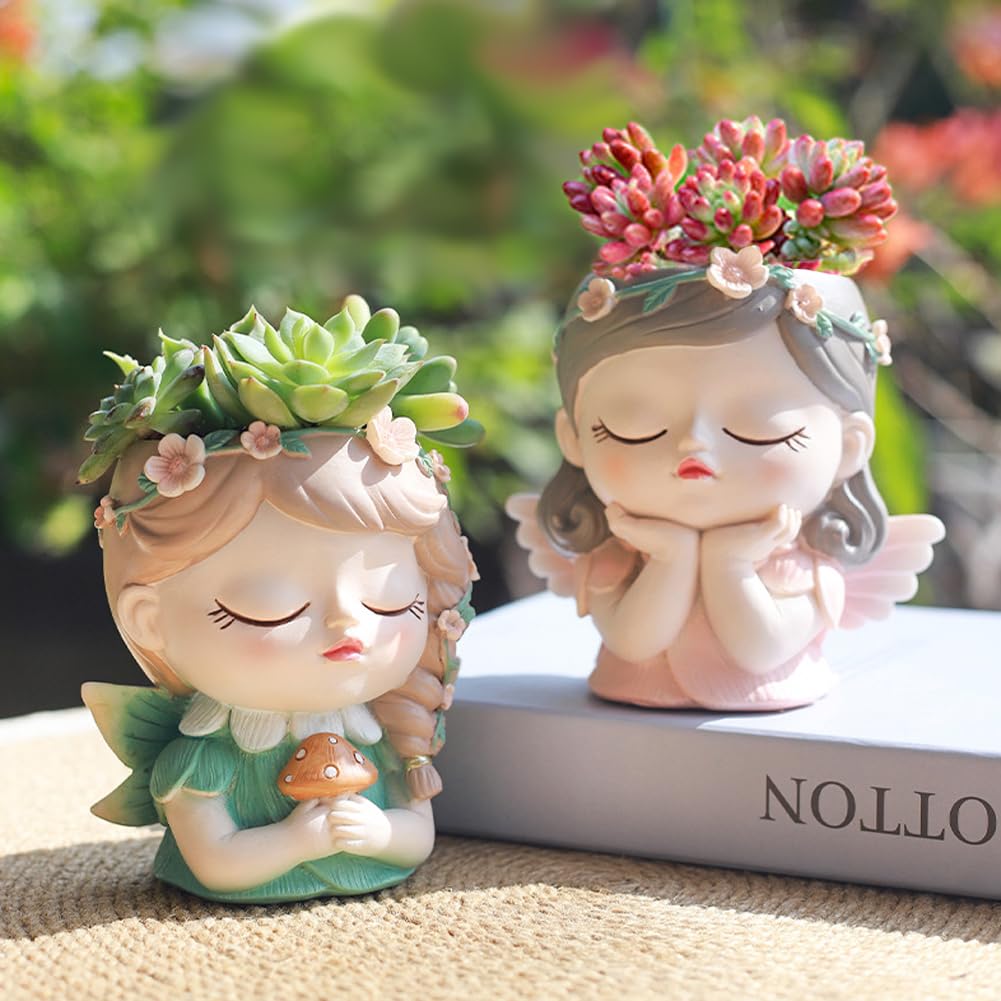 Argofox Small Angel Girl face Succulent Plant Pots kit 2 Pack with Drainage Hole Indoor Cactus Pot Unique Cute Flower Vases Decor with Girl Face Container Planter Chic Gardening Lover