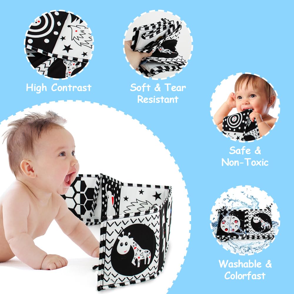 Cawgug Black and White High Contrast Baby Toys for Newborn Brain Development Tummy Time Soft Book Babies 0-3 6-12 Months Montessori Learning Activities Infant and Sensory Visual Stimulation Toys