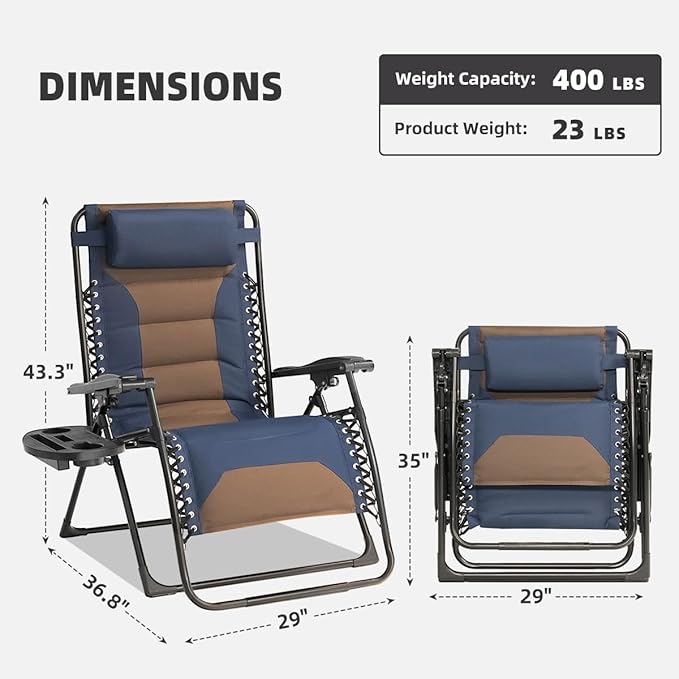 Zero Gravity Chair Oversized Padded Recliner with Adjustable Headrest & Cup Holder - 600D Oxford Folding Lounge Chair for Outdoor Camping, Patio, Poolside (Brown & Blue)
