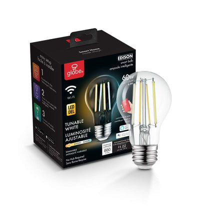 GLOBE Electric 34919 Wi-Fi Smart 5.5W (60W Equivalent) Straight Filament Tunable White Amber Glass LED Light Bulb, No Hub Required, Voice Activated, 2000K - 5000K, Vintage Edison Style, 500 Lumns
