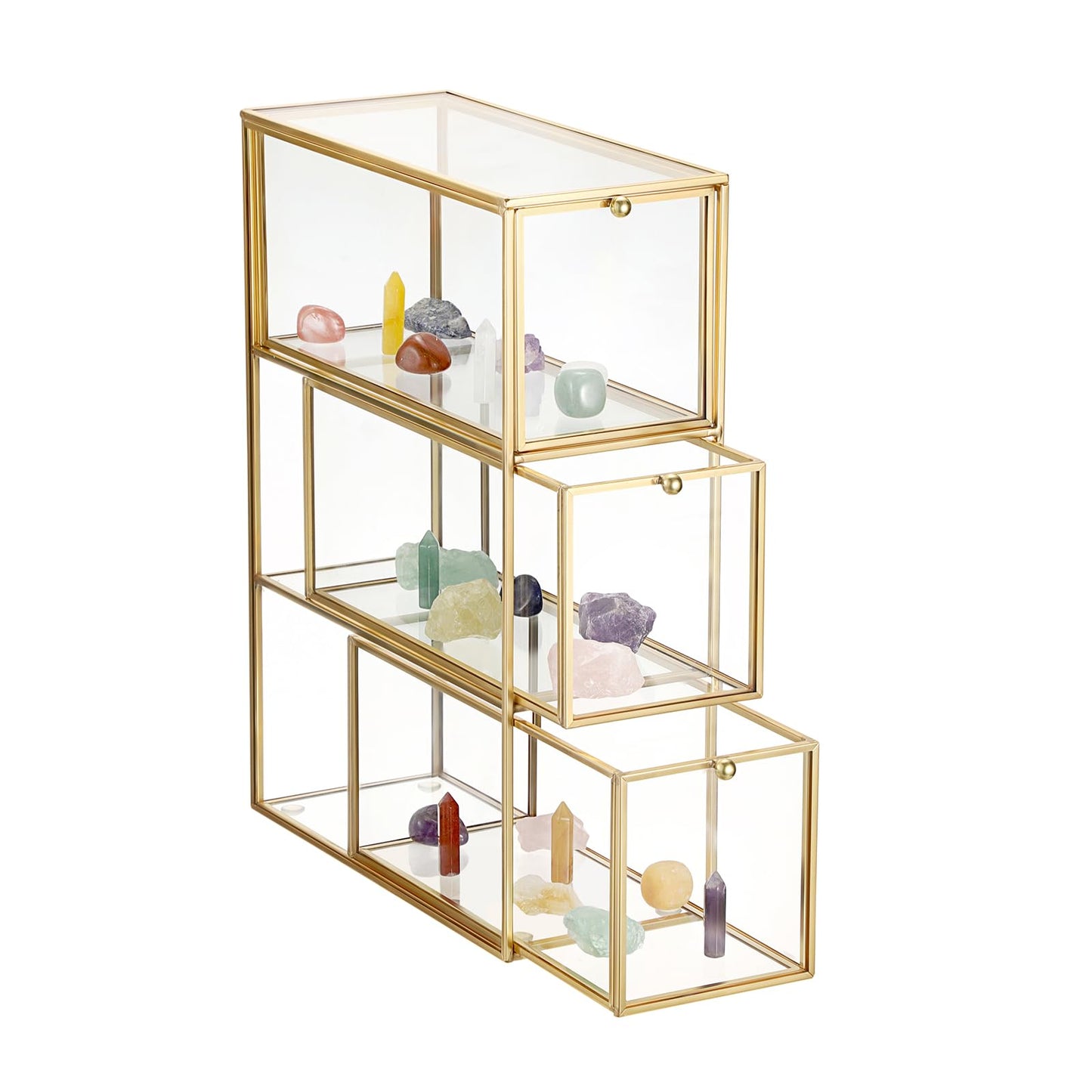 JUXYES Tabletop Brass Glass Rock Display Case with 3 Drawers - Modern Clear Rocks Collections Display Case Box - Gold Dust Proof Case Small Shelf for Collectible, Mineral Crystal, Rock, Stones
