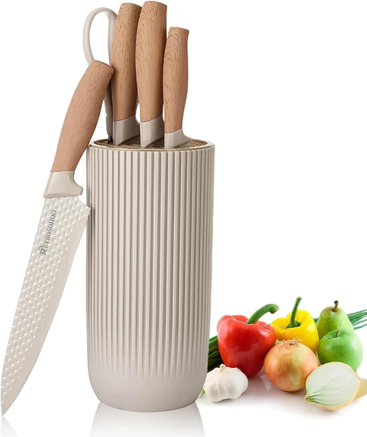 Kitchen Knife Set, Retrosohoo 6-Pieces Khaki Sharp Knife Set for Kitchen, Non-stick Non-slip Stainless Steel Chef Knife Set with Universal Knife Block Suitable for Home Restaurant (Khaki)