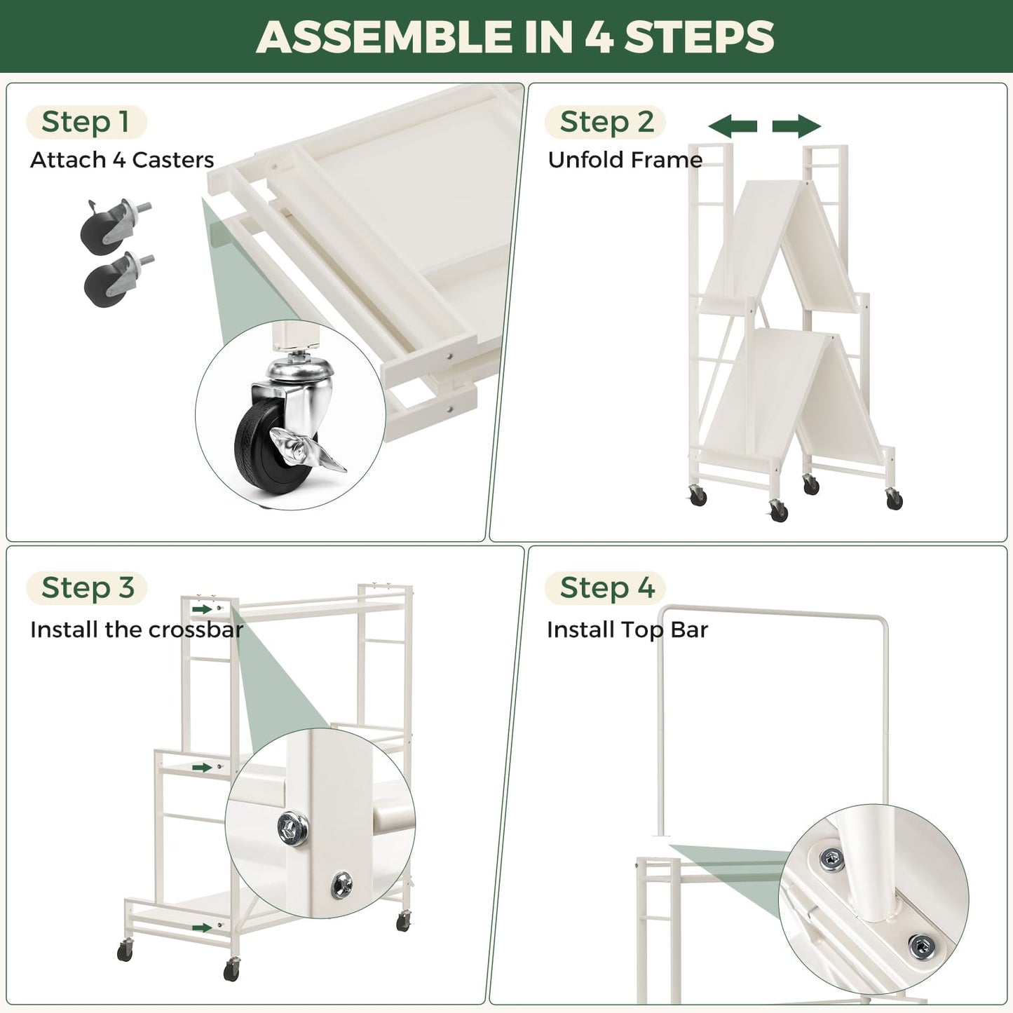 Plant Stand, 4-Tier Foldable Plant Shelf with 3 Shelves and Hanging Rod, Rolling Plant Stand with Wheels, No Assembly Flower Pot Stand for Indoor Outdoor, Sturdy Anti-Tip Plant Rack (Cream White)