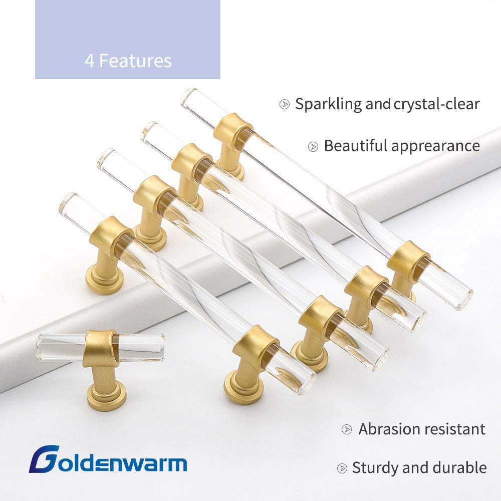 Goldenwarm 25 Pack 5 Inch Kitchen Cabinet Handles Gold Drawer Pulls Crystal Acrylic with Brushed Brass Handles for Cabinets Dresser Cupboard Wardrobe