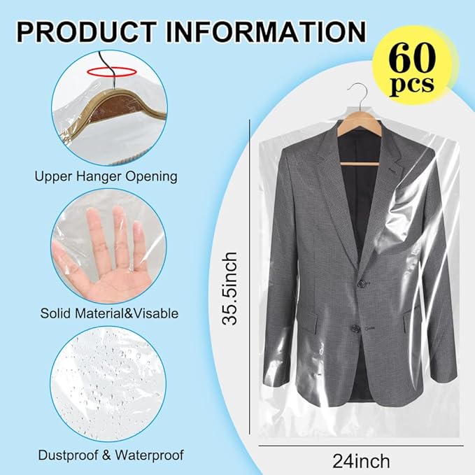BEISHIDA 60PCS 35.5 Inch Plastic Garment Bag-Plastic Clear Dry Cleaner Laundry