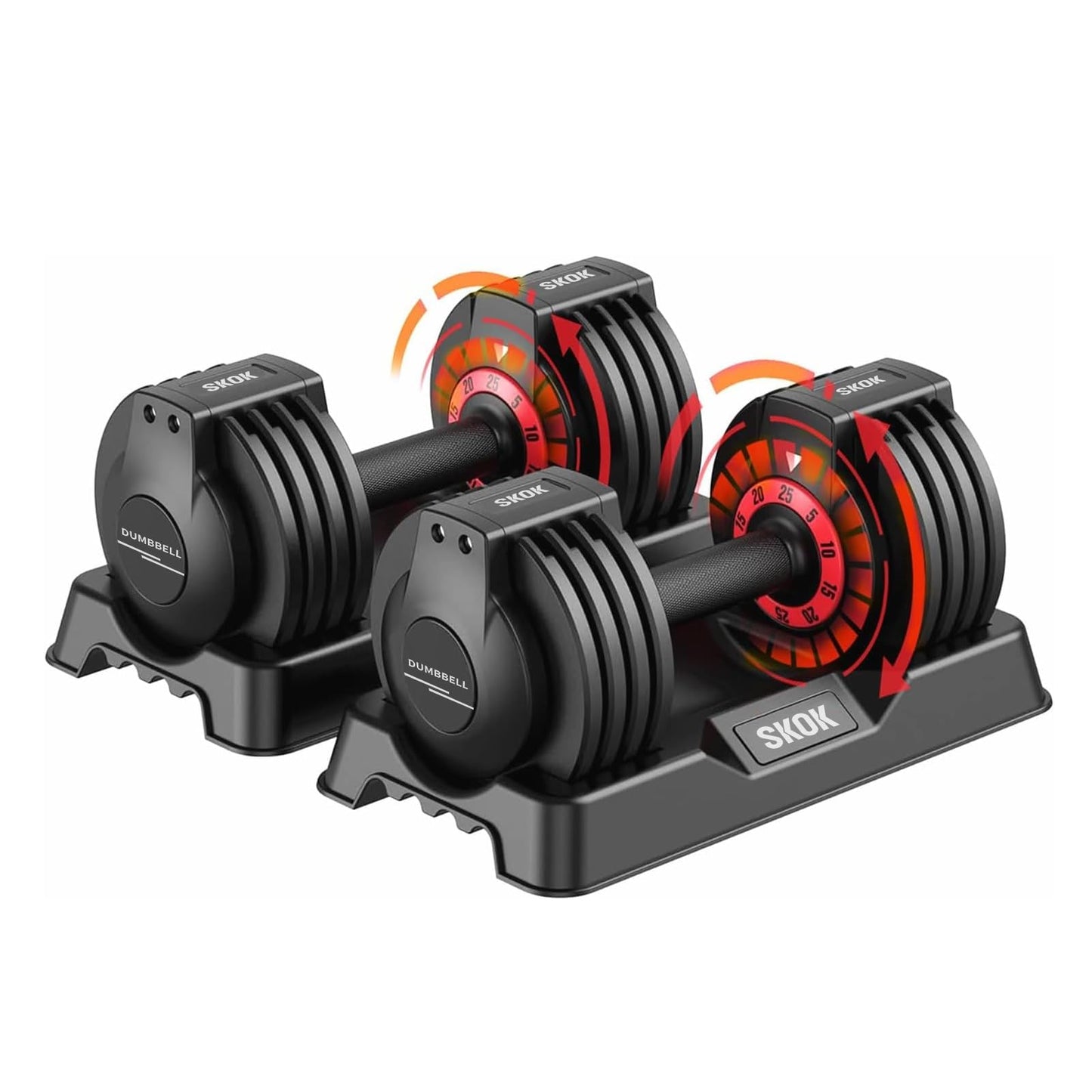 SKOK 25 lbs Pair Adjustable Dumbbells Set, Adjustable Weights Dumbbells Set for Men and Women with Anti-Slip Fast Adjust Weight by Turning Handle with Tray