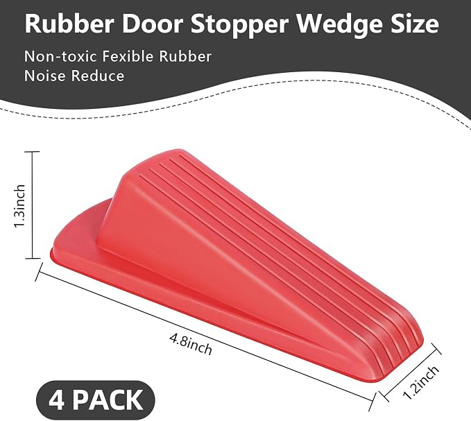 4 Pack Premium Rubber Door Stoppers Wedge, Door Stops for Carpet Heavy Duty Door, for Bottom of Door on Tile, Concrete, Carpet, Wooden Floor (Red)