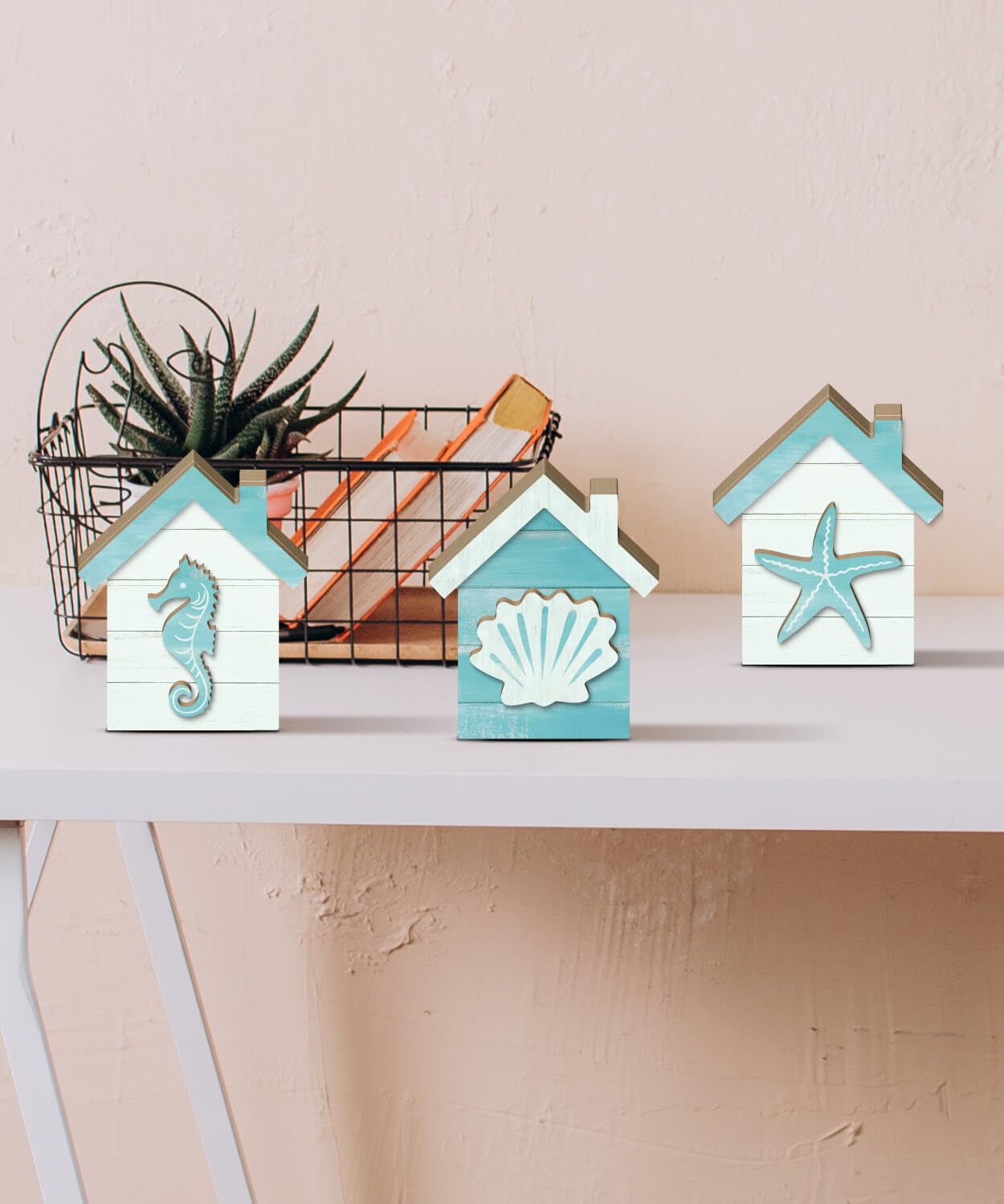 Putuo Decor Coastal Tabletop Decor Set of 3, Beach House Nautical Figurines with Seahorse Shell Starfish, Ocean Farmhouse Shelf Sitter for Bathroom, Living Room, Mantel, Tiered Tray