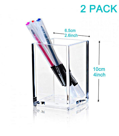 2 Pack Clear Acrylic Pencil Pen Holder Cup,Desk Accessories Holder,Makeup Brush Storage Organizer,Modern Design Desktop Stationery Organizer for Office School Home Supplies,2.6x 2.6x 4 inches