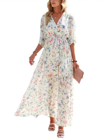 ANRABESS Womens 1/2 Sleeve Beach Wedding Guest Maxi Dresses 2025 Fall Wrap V Neck Boho Floral Flowy Slit Long Summer Dresses