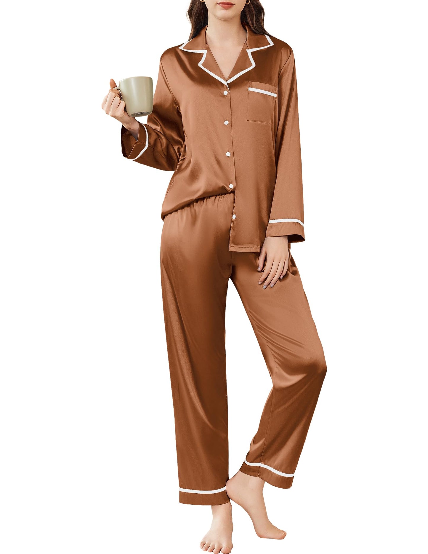 Ekouaer Satin Pajamas Set for Women Long Sleeve Pants Pj 2 Piece Lounge Set