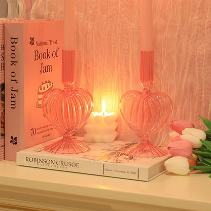 NEEDOMO Valentines Day Decorations, Set of 2 Pink Heart Glass Candlestick Holders for Valentines Decor, Taper Candle Holders Table Centerpieces for Romantic Wedding Party Mantel Decor