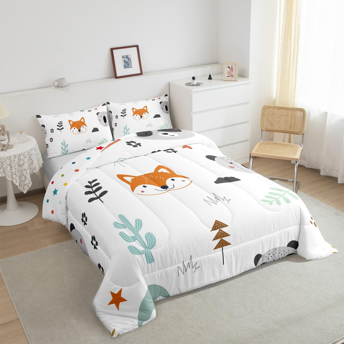Feelyou Cute Fox Comforter Set King Size Cartoon Animal Bedding Set for Boys Girls Teens Bedroom Decor Zoo Animal Comforter Women Men Wildlife Duvet Set with 2 Pillow Case