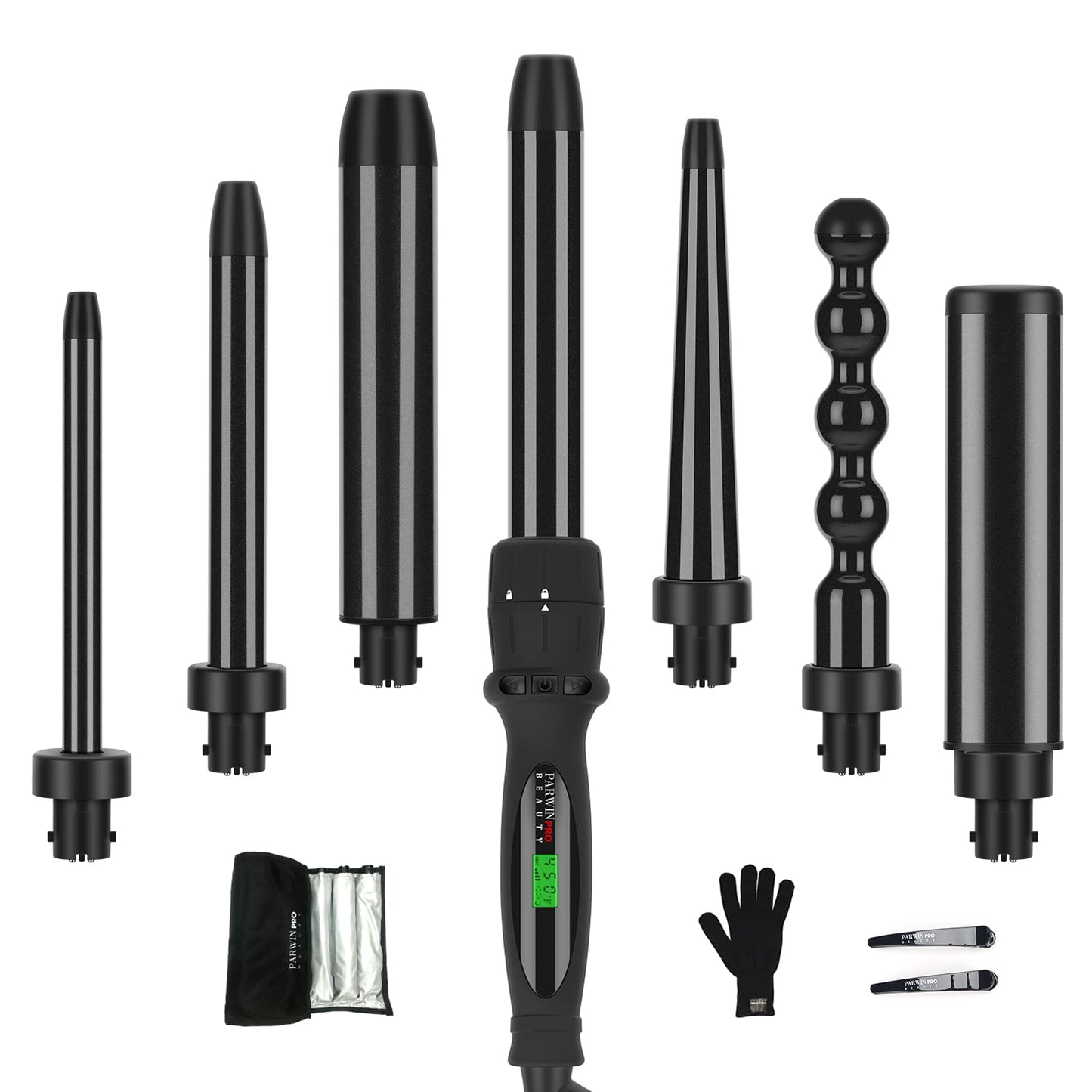 PARWIN PRO BEAUTY 7 in 1 Curling Iron Wand Set,Dual Voltage Curling Wand with 7 Interchangeable Diamond Ceramic Hair Curler Wands with LCD Temperature Control Auto Shut Off Black
