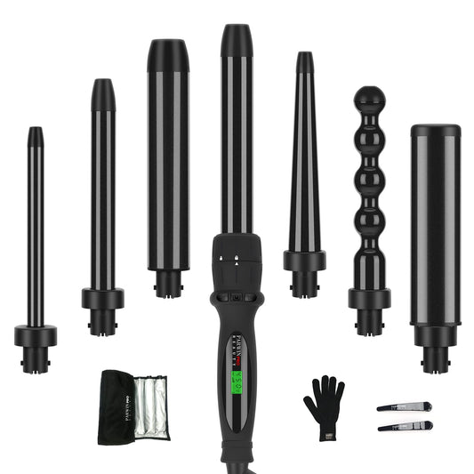 PARWIN PRO BEAUTY 7 in 1 Curling Iron Wand Set,Dual Voltage Curling Wand with 7 Interchangeable Diamond Ceramic Hair Curler Wands with LCD Temperature Control Auto Shut Off Black